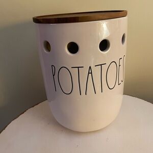 White Potato Storage Canister with Wooden Lid